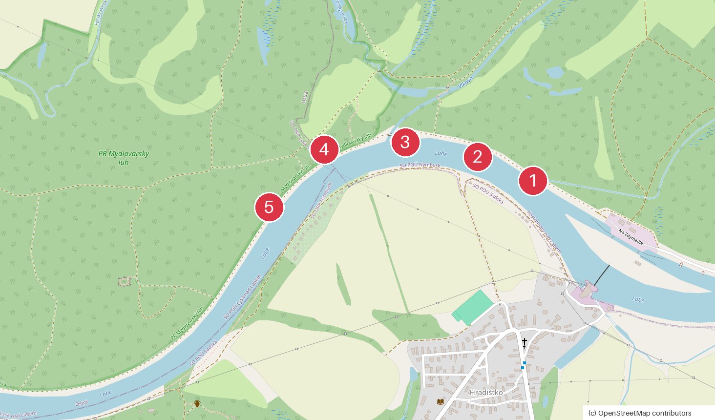 Mapa lovných míst 1 až 5 na Labi u Hradištka